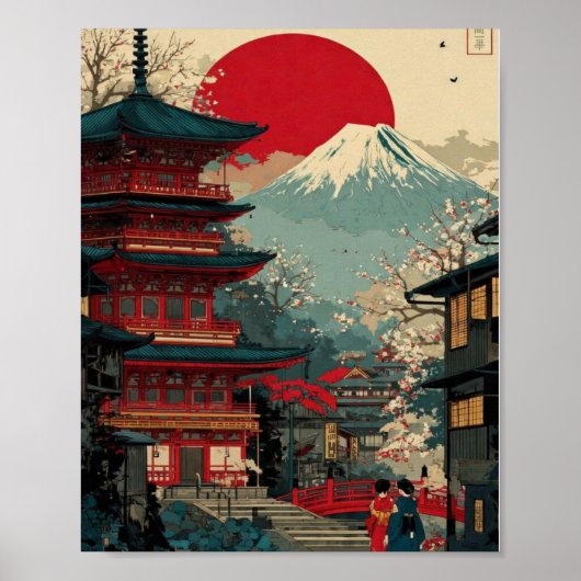 Mount Fuji & Red Pagoda Poster – Japanese Sunrise  (Devant)