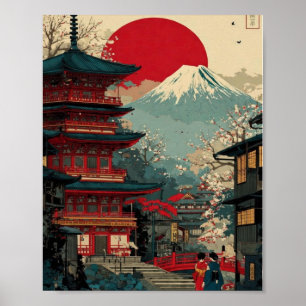Mount Fuji & Rode Pagode Poster – Japanse Zonsopga