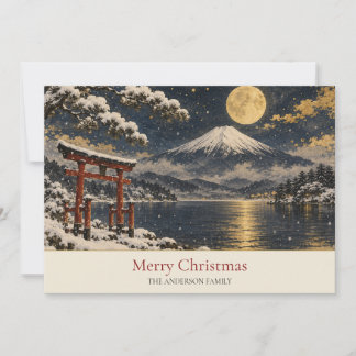 Mount Fuji Rode Torii Gouden Maan Sneeuw Familiena Feestdagenkaart