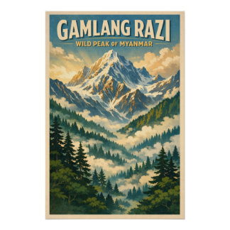 Mount Gamlang Razi, Myanmar retro travel Perfect Poster
