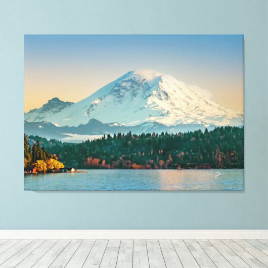Mount Rainier boven Lake Washington Fine Art Large Canvas Afdruk (Insitu (Houten vloer))