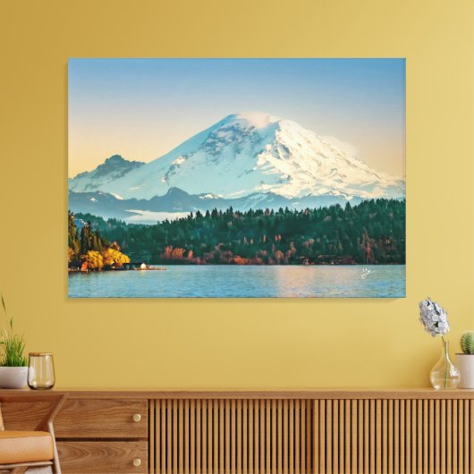 Mount Rainier boven Lake Washington Fine Art Large Canvas Afdruk (Insitu (Woonkamer))