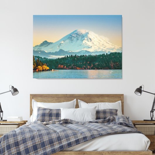 Mount Rainier boven Lake Washington Fine Art Large Canvas Afdruk (Insitu (Slaapkamer))