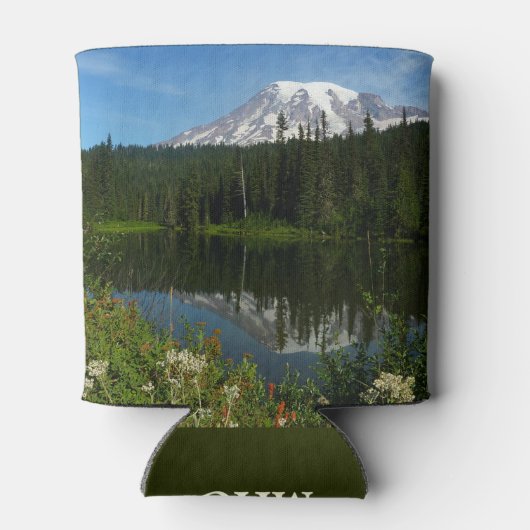 Mount Rainier Lake Reflectie met Wildflower Blikjeskoeler (Achterkant)