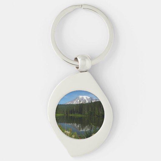 Mount Rainier Lake Reflectie met Wildflower Sleutelhanger (Voorkant)