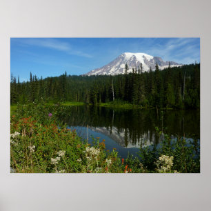 Mount Rainier-meerreflectie met wilde bloemen Poster