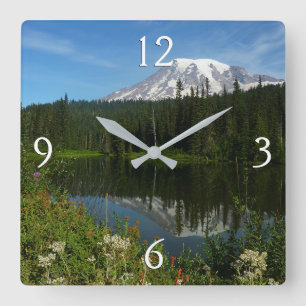 Mount Rainier-meerreflectie met wilde bloemen Vierkante Klok