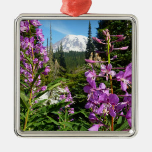 Mount Rainier tussen Paarse Phlox-bloemen Metalen Ornament