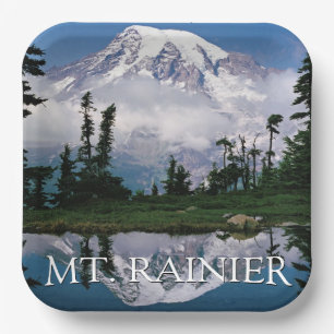 Mount Rainier Weergave in een bergvijver Papieren Bordje