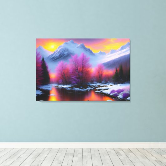 "Mount Sunset" van BarryDyar ©, schilderachtig lan Canvas Afdruk (Insitu (Houten vloer))