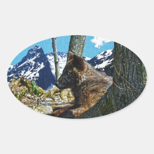 Mountain Black Wolf Resting by Trees Wildlife Art Ovale Sticker (Voorkant)