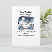 Mountain Blue Pine Moon Star Save the Date Wedding Kaart (Staand voorkant)