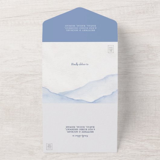 Mountain Blue Woodland Waterverf Trouwmaaltijd All In One Uitnodiging (Buitenkant)