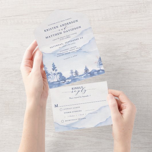 Mountain Blue Woodland Waterverf Trouwmaaltijd All In One Uitnodiging (Afscheurbaar)