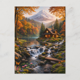Mountain Cabin in Autumn Glow Serene Nature  Uitnodiging Briefkaart