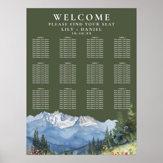 Mountain Floral Olive Green Wedding Seating Chart Poster (Voorkant)