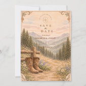 Mountain Forest Cowboy Boots Bruiloft Save The Date (Voorkant)