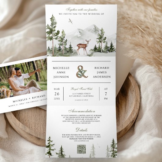 Mountain Forest Deer QR Code Photo Collage Wedding Drieluik Uitnodiging