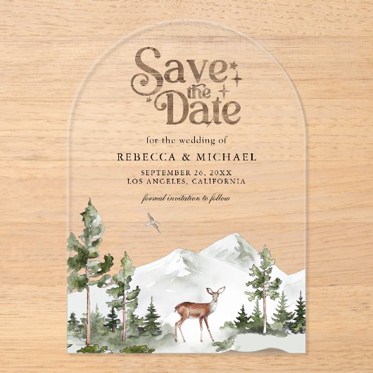 Mountain Forest Deer Wedding Save the Date Acryl Uitnodigingen (Voorkant)