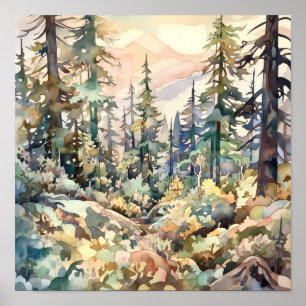 Mountain Forest Waterverf schilderij Art Print