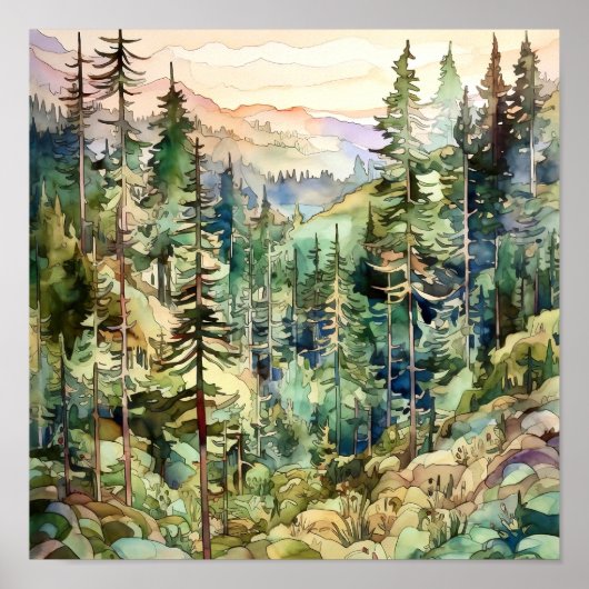 Mountain Forest Waterverf schilderij Art Print (Voorkant)