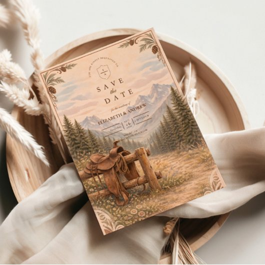 Mountain Forest Western Saddle Wedding Save The Date