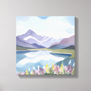 Mountain Lake   Bloemig Watercolor Landschap Canvas Afdruk