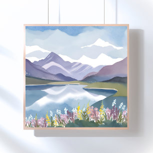 Mountain Lake Bloemig Watercolor Landschap Poster