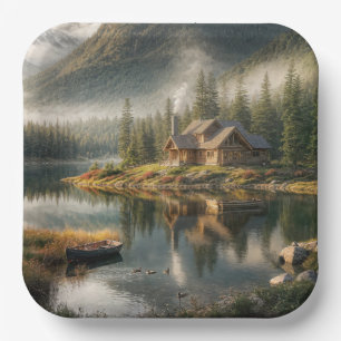 Mountain Lake Cabin met Rowboat Papieren Bordje