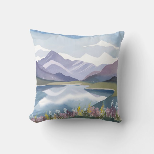 Mountain Lake | Floral Watercolor Landscape Kussen (Voorkant)
