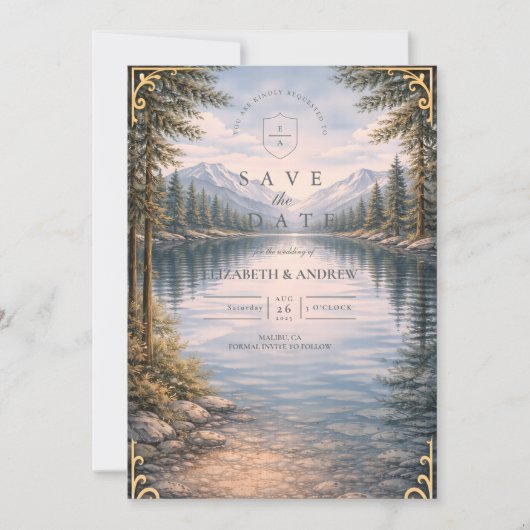 Mountain Lake Forest Reflection Wedding Save The Date (Voorkant)