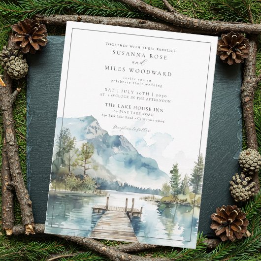 Mountain Lake Waterverf Forest Trees Wedding Kaart