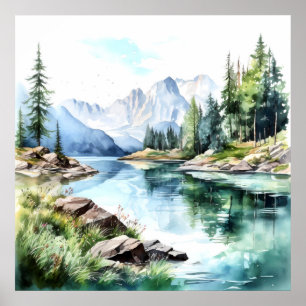 Mountain Lake Waterverf Schilderij Art Print