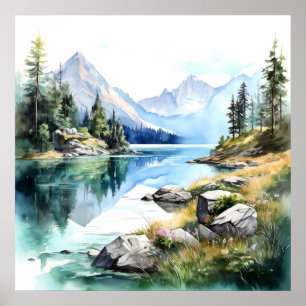 Mountain Lake Waterverf Schilderij Art Print