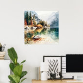 Mountain Lake Waterverf Schilderij Art Print (Thuiskantoor)