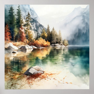 Mountain Lake Waterverf Schilderij Art Print