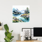 Mountain Lake Waterverf Schilderij Art Print (Thuiskantoor)