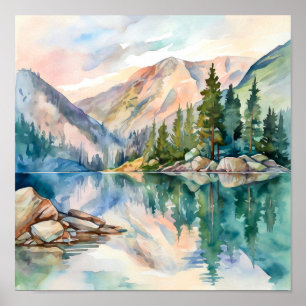 Mountain Lake Waterverf Schilderij Art Print