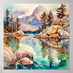 Mountain Lake Waterverf Schilderij Art Print