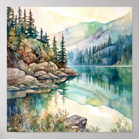 Mountain Lake Waterverf Schilderij Art Print (Voorkant)