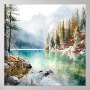 Mountain Lake Waterverf Schilderij Art Print
