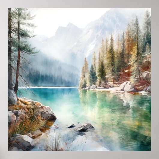 Mountain Lake Waterverf Schilderij Art Print (Voorkant)