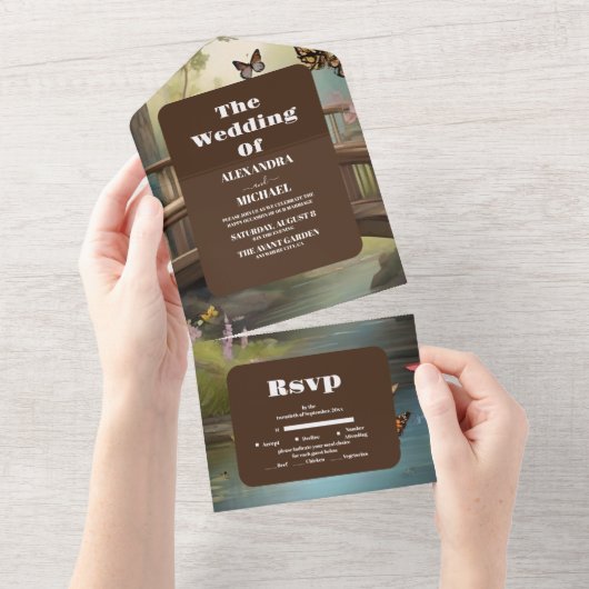 Mountain Lake Waterverf Tree Bruiloft All In One Uitnodiging (Afscheurbaar)