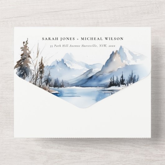 Mountain Lake Winter Sneeuw Landschap Wedding All In One Uitnodiging (Achterkant)