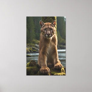 Mountain Lion bij een Rock Pool Canvas Afdruk