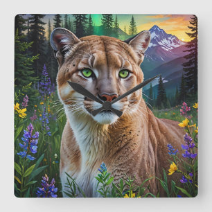 Mountain Lion Floral Vierkante Klok