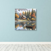Mountain Log Cabin met roeiboot op een meer Canvas Afdruk (Insitu (Houten vloer))