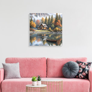 Mountain Log Cabin met roeiboot op een meer Canvas Afdruk