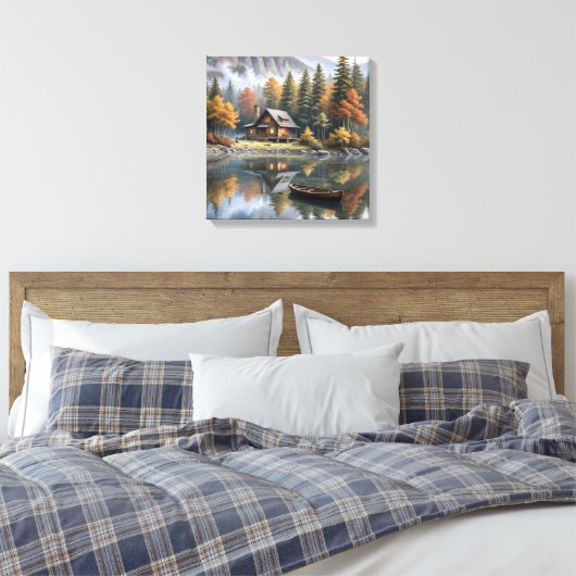 Mountain Log Cabin met roeiboot op een meer Canvas Afdruk (Insitu (Slaapkamer))