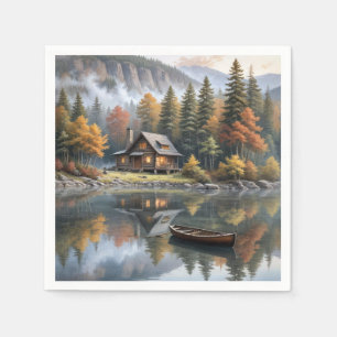 Mountain Log Cabin met roeiboot op een meer Servet